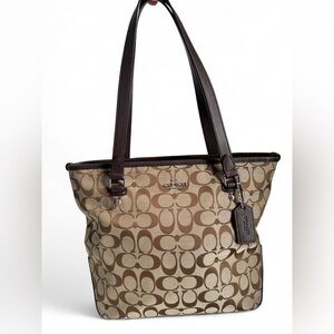 Coach Brown Signature Canvas Tote with Dark Leather Trim